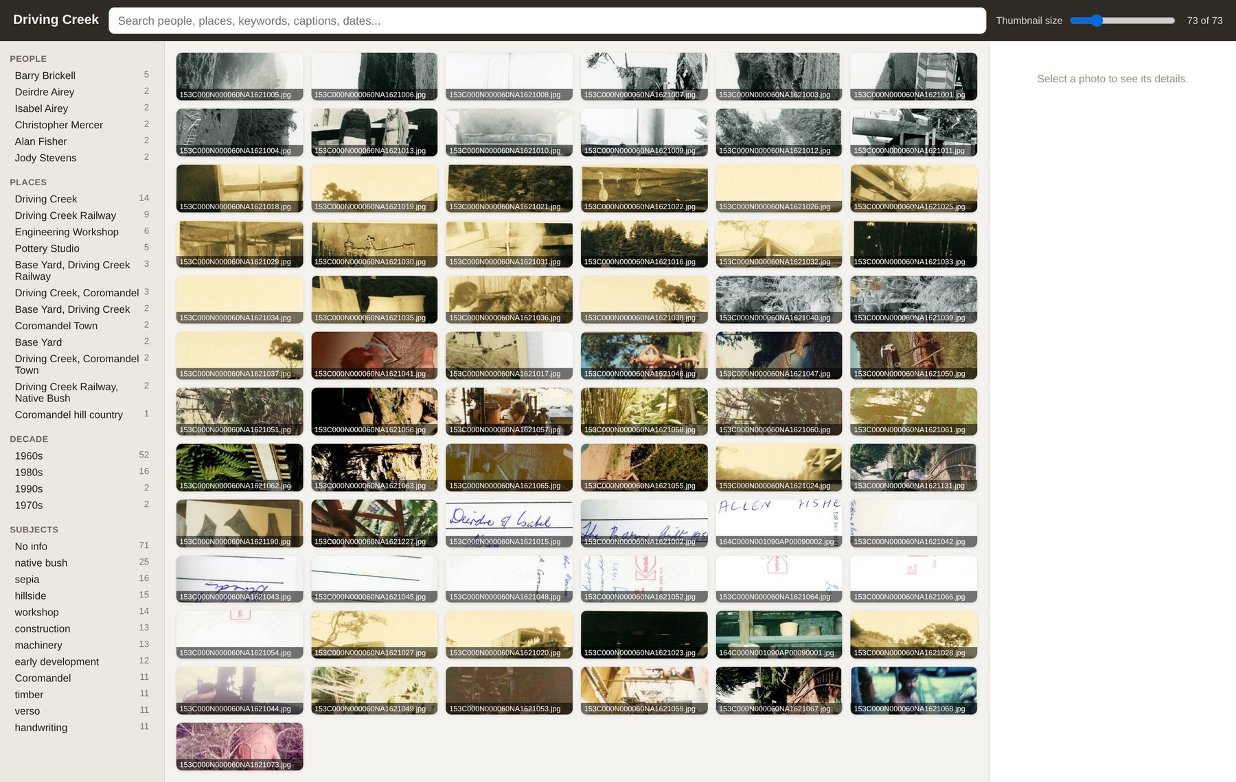 The Archiver search website showing a faceted sidebar of people, places, decades and subjects beside a grid of catalogued photographs.